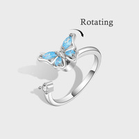 Bague ouverte anti-stress en argent sterling 925 avec zircone cubique et motif papillon rotatif