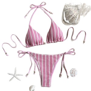 Ensemble bikini tricoté rayé pour femmes, maillot de bain rose à lacets, deux pièces, pour vacances à la plage - Product Image 5