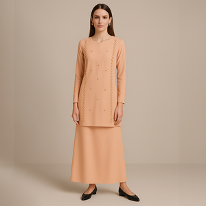 Nueva colección modesta ropa musulmana tradicional conjunto Baju Kurung bordado que fluye telas de poliéster de talla grande antiestático - Product Image 1
