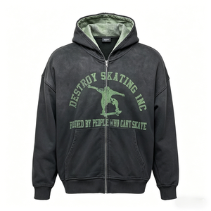 Sudadera con capucha pesada para hombre al por mayor, con cremallera, de algodón French Terry con efecto Monkey Wash, oversize, unisex, personalizable - Product Image 1