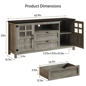 Meuble TV E1 P2 en bois d'ingénierie style ferme avec portes de grange et tiroirs, meuble multimédia gris avec portes vitrées, console haute - Product Image 4