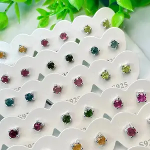 Hot Sale Candy Color 4mm Natural Tourmaline Stud Earring Jewelry Dainty 925 Sterling Silver Earrings For Women
