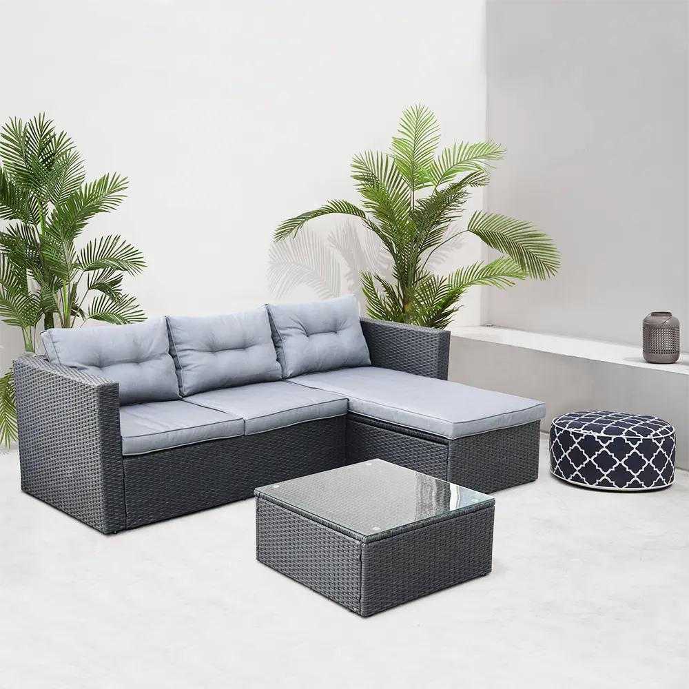 Set di divani in vimini di plastica Best Seller mobili da giardino in Rattan, produttori di mobili in Rattan di Pvc per esterni neri