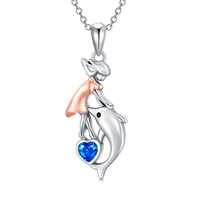 Collier pendentif dauphin bicolore en argent sterling 925 avec zircon bleu en forme de cœur, chaîne de 18+2 pouces, par Ocean Jewelry