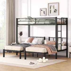 Moderna litera metálica en forma de L con litera superior extragrande y litera inferior doble, 3 camas en 1, estructura de cama metálica que ahorra espacio para niños, adolescentes y adultos - Product Image 3