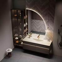 Ensemble élégant de luxe léger en bois massif avec vasque intégrée pour maison moderne, meuble-lavabo avec miroir LED intelligent anti-buée