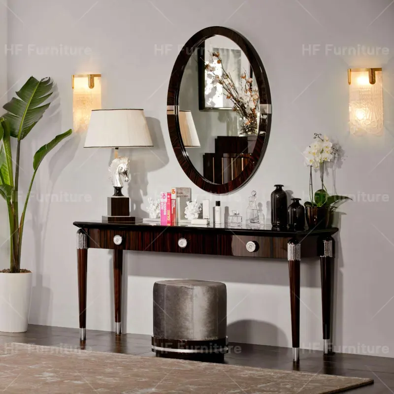 가벼운 럭셔리 모던 드레싱 테이블과 스툴 여성용 거울 세트가있는 나무 수제 드레서