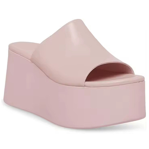 Sandalias de cuña con tacón de <span class=keywords><strong>suela</strong></span> gruesa de piel sintética blanca con punta redonda y logotipo personalizado, zapatos de fabricación a la moda para mujer y Mujer - Product Image 3