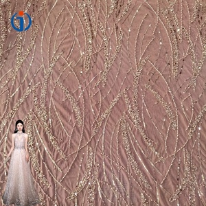 Sang Trọng Sang Trọng Rượu Sâm Banh 95% <span class=keywords><strong>Polyester</strong></span> 5% Spandex Ngọc Trai Đính Cườm <span class=keywords><strong>Sequin</strong></span> Thêu Lưới Ren Vải Tuyn Vải Cho Trang Phục Chính Thức - Product Image 1