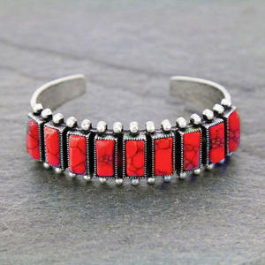 Southwestern Cowboy 9 Navajo Square Cut Turquoise Cuff Bracelet - Western Red / White /Teal Rectangle Stone Open Cuff Bracelet - Product Image 4