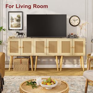 Credenza Moderna in Rattan con Ante, Mobile Buffet in Truciolato con Gambe in Legno per Cucina, Ingresso e Soggiorno - Product Image 5