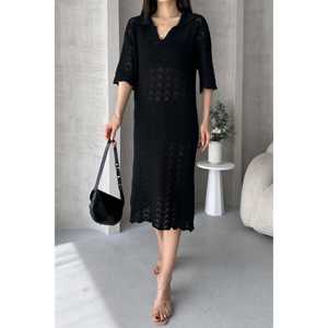 Robe en tricot ajouré à col en V, ample, respirante, décontractée pour tous les jours, blanche - Product Image 1