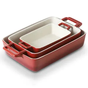 Rectangle Ceramic Baking Dish Set of 3 Oven Casserole Stoneware Bakeware Set Porcelain Large Lasagna Baking Dishes & Pans Set