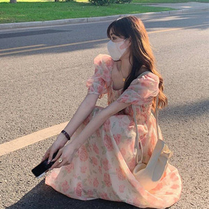 Floral Print Puff Sleeve <b>Dress</b> Sweetheart Neck <b>Elastic</b> Waist Pink Long Casual <b>Dress</b> Daily Wear Mori Girl Style - Product Image 1