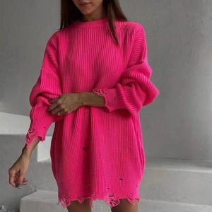 Manifattura stile personalizzato o Logo ODM Hip Hop stile allentato pullover da donna a tracolla strappati strappati abito maglione in difficoltà - Product Image 5