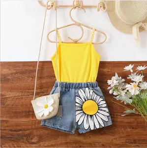 girl's clothing set sleeveless suspender ruched vest plaid shirt+ shorts outfits for 2pcs children clothing girls outfit set
