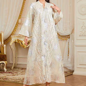 Vestido Abaya de Lujo con Apliques Plateados Estampados en Caliente para Mujeres Musulmanas, Alta Calidad, Elegante, para Fiestas y Eventos, Venta al por Mayor en China - Product Image 3