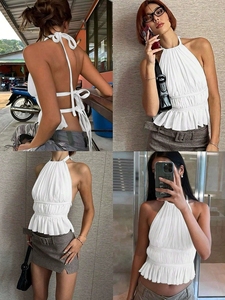 Nuova Collezione 2026: <span class=keywords><strong>Blusa</strong></span> Senza Colletto in Chiffon di Seta, Stile Dolce e Piccante, Linea ad A, Senza Maniche, Schiena Scoperta con Volant - Product Image 4