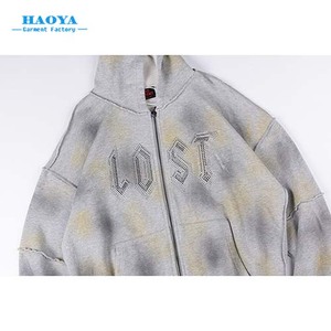 Người Đàn Ông Của Heavyweight Hoodie Áo Mới Chất Lượng Cao Thời Trang Đường Phố Rhinestone Rửa Dây Kéo Phức tạp Rắn In Phai Bị Mất Thiết Kế - Product Image 2