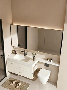 Meuble-lavabo de salle de bain personnalisé, étanche, style crème, avec vasque intégrée en pierre frittée thermoformée, lavabo de salle de bain - Product Image 2