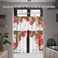 SUNWISHA Rideaux de cuisine translucides en polyester à passe-tringles, motif Poinsettia de Noël, lavables en machine, lot de 3 pièces, 52'' Lx18''