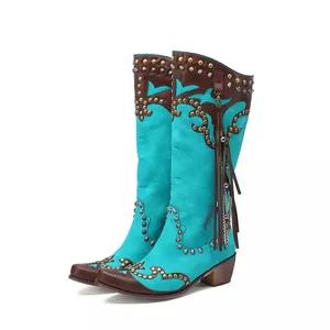 Support OEM/ODM Women Tassel Boots Square Toe Blue Boots 5cm Block Heel Western Boots For Girls