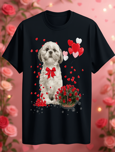 T-shirt per amanti dei cani Shih Tzu per San Valentino, nera, vestibilità casual, girocollo, con motivo stampato, per adulti - Product Image 2