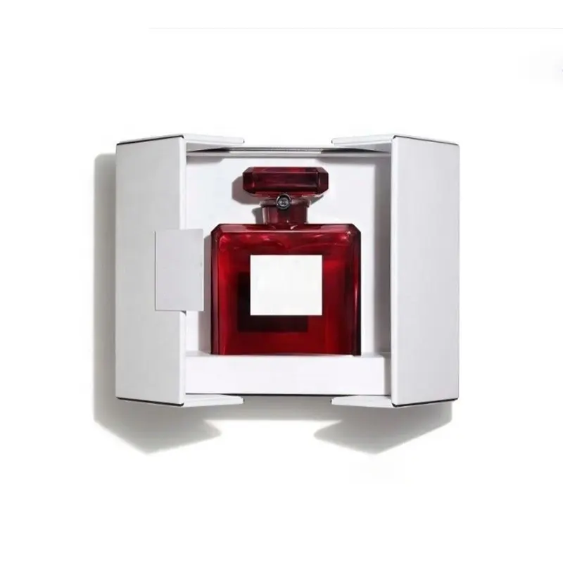 Kotak parfum dua pintu terbuka kelas atas putih untuk produk parfum indah kemasan pewangi karton folio penutup ganda magnetik