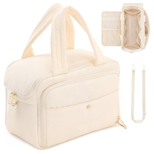 Bolsa de Aseo Crema para Mujer, Neceser Grande Impermeable OEM para Viaje, Organizador Acolchado con Asa Ancha y Correa para Hombro - Product Image 1