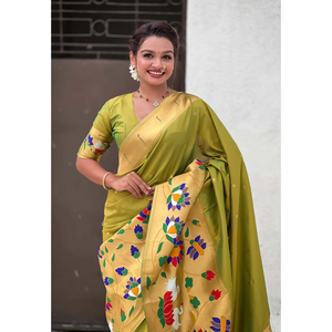 Sari de Seda Paithani Mehendi con Diseño de Borde Grande de Estilo Medio Medio, Chal Étnico Tejido con Zari - Product Image 6