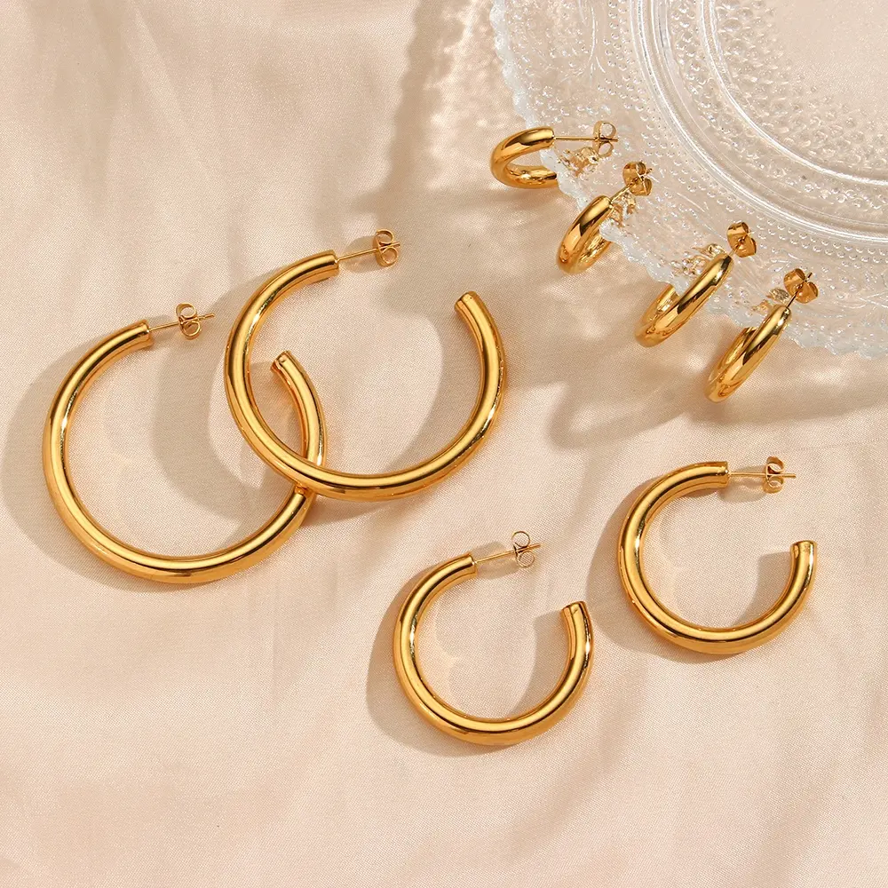 Grandes boucles d'oreilles simples en acier inoxydable plaqué or, bijoux pour femmes