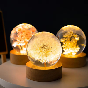 Lampe de table en bois moderne avec boule de cristal et fleur de pissenlit, alimentée par batterie, LED, commande tactile, décoration d'intérieur, veilleuse - Product Image 5