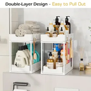 Étagère de rangement de cuisine en plastique à double couche, type extractible, stable, antidérapante, multifonctionnelle, cinq crochets, rangement <span class=keywords><strong>sous</strong></span> l'évier - Product Image 6