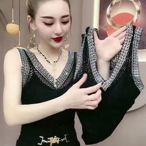 Femmes col en V <span class=keywords><strong>maille</strong></span> Sexy strass brillant paillettes mince tricot jarretelle <span class=keywords><strong>gilet</strong></span> sans manches discothèque Camisoles débardeur avec rembourré - Product Image 5