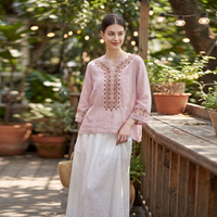 Blus & Kemeja Kasual Musim Panas Grosir, Desain Bordir Cina, Atasan Blus Putih Elegan untuk Wanita