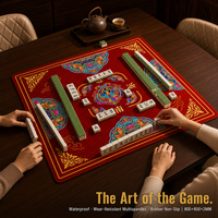 Tapis de Mahjong 800x800mm imperméable en multispandex antidérapant avec motif médaillon de lotus rouge chinois impérial + sac de transport