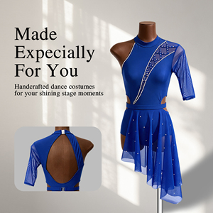 Robe de danse contemporaine bleue à strass, à manche unique, pour spectacle sur scène, tenue de danse asymétrique en maille pour femme - Product Image 1