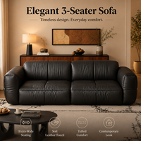 Schwarzes Getuftetes 3-Sitzer Lounge-Sofa mit Tiefen Plüschkissen und Breiten Armlehnen für Wohnzimmer Hotel Apartment Schlafzimmer