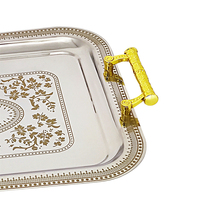 Vente en gros de plateaux de service rectangulaires en acier inoxydable de style arabe, décoratifs et luxueux, pour hôtel, ensemble de 3 pièces avec poignée