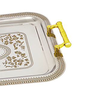 Commercio all'ingrosso stile arabico decorativo di lusso rettangolo in <span class=keywords><strong>acciaio</strong></span> inox Hotel 3 pezzi Set cibo <span class=keywords><strong>vassoi</strong></span> con maniglia - Product Image 4