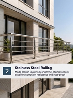 Rampe d'escalier moderne en acier inoxydable 304 avec finition marine antirouille, fixation au sol, garantie de plus de 5 ans