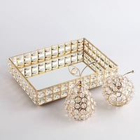 Plateau de rangement de maquillage de luxe en métal et cristal, style classique français, miroir rectangulaire doré, 35x25cm