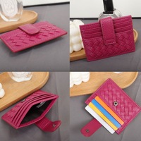 Dompet Kartu Wanita Minimalis Desainer Kulit PU Hitam dengan Kancing Penutup, Dompet Kartu Kredit Wanita Mewah Anyaman Tangan