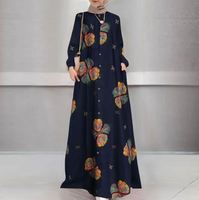 Femmes printemps nouveau coton et chanvre imprimé longue édition Abaya musulman grande taille ample décontracté rétro robe à manches longues