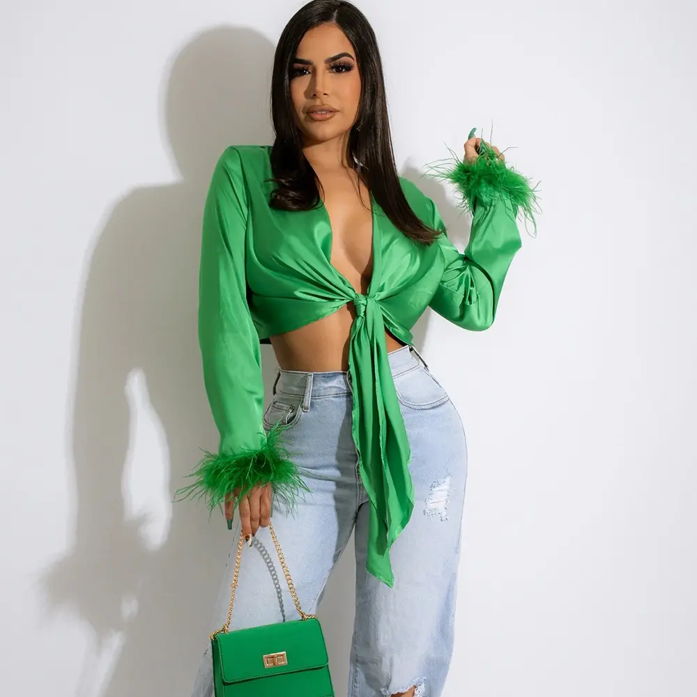 2022 Fashion Fall Lasted Blouse Turndown Neck Solid Tie Wrap Womens Crop Top Shirts Ladies Green Feather Tops