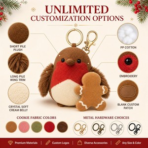 <span class=keywords><strong>Porte</strong></span>-clés en peluche Robin en pain d'épices personnalisé OEM ODM, cadeau promotionnel de Noël, jouet doux saisonnier avec logo, commande en gros, service personnalisé - Product Image 4