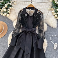 Robe longue vintage élégante à col polo brodée de dentelle pour femme, robe midi texturée à taille nouée pour l'été