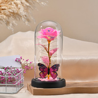 Cadeau pour la Saint-Valentin, rose éternelle sous cloche en verre, lampe LED, fleurs en verre plaquées or 24 carats avec lumières sous cloche en verre