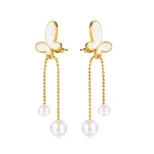 Di alta qualità perle a farfalla ostriche appendere orecchini gioielli 18K placcato oro in acciaio inox orecchini da donna