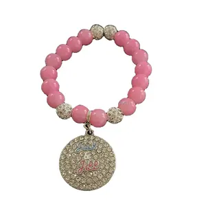 Pulsera elástica personalizada con cuentas ostentosas Jack y Jill rosa perla blanca, brazalete con colgante de esmalte de diamantes de imitación, regalo de joyería para mujer